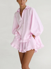 Striped Lapel Bubble Sleeve Ruffle Shorts Set