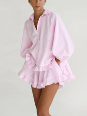 Striped Lapel Bubble Sleeve Ruffle Shorts Set
