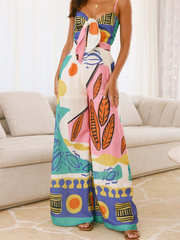 Printed wide leg straight leg jumpsuit