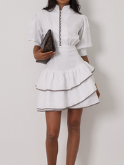 Contrasting color bubble sleeve shirt dress