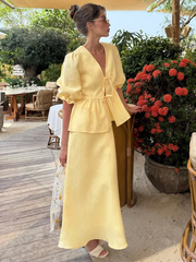 V-neck Ruffle Short Sleeve Skirt Set