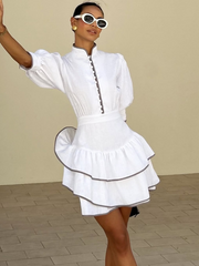 Contrasting color bubble sleeve shirt dress