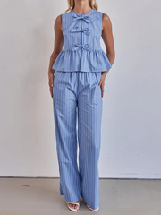 Striped Crew Neck Sleeveless Top Set