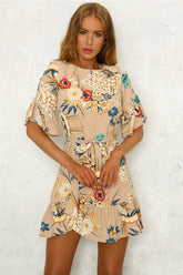 Printed Ruffled Round Neck Dress With Half Sleeves