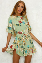 Printed Ruffled Round Neck Dress With Half Sleeves