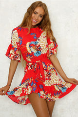 Printed Ruffled Round Neck Dress With Half Sleeves