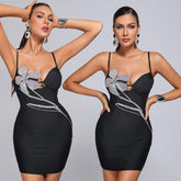 FUSAE Black Mini Dress with Crystal FLowER