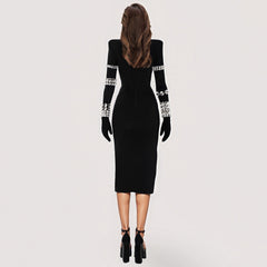 Robe midi noire à col montant avec strass