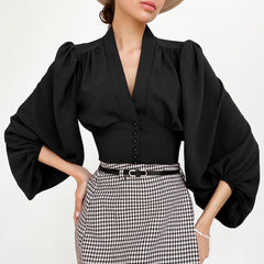 Elegant Solid Ruched Lantern Sleeve V Neck Button Up Cropped Chiffon Blouse
