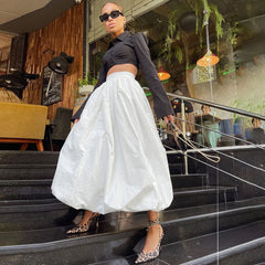 FeMinine Solid Color Silky Satin Plicated High Waist Midi Balloon Skirt