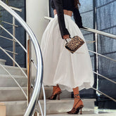 FeMinine Solid Color Silky Satin Plicated High Waist Midi Balloon Skirt