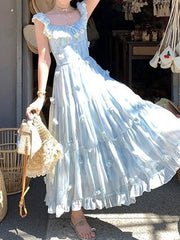 Blue Chiffon Printed Small Flying Sleeve Dress