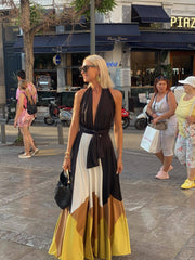 Colorblock Lace-up Halter Long Skirt