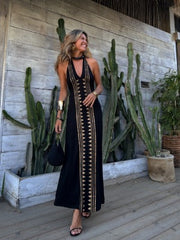 Positioning Print V-Neck Halter Back Long Dress