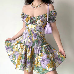Floral Print Puff Sleeve Ruffle Short Dress