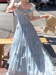 Blue Chiffon Printed Small Flying Sleeve Dress