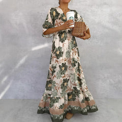 Floral Short Sleeve Waist Loose Full Hem Maxi Dress