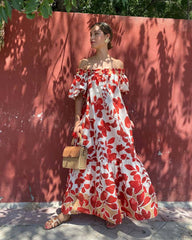 Floral Print Off-Shoulder Puff Sleeve Long Dress