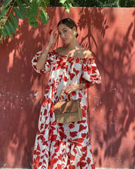 Floral Print Off-Shoulder Puff Sleeve Long Dress