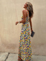 Flora Watercolor Print Crossover Neck Wide Straps Stretch Maxi Dress