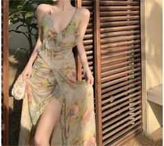 Vintage Print Halter Neck Fishtail Trim Sleeveless Maxi Dress - Apricot