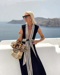 Deep V-neck Tie Maxi Dress Cardigan Cover Up