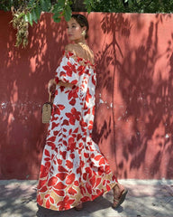 Floral Print Off-Shoulder Puff Sleeve Long Dress