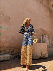 Printed V-Neck Open Back Waist Wide-Leg Jumpsuit