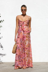 Botanical Print Strappy Resort Style Wide-leg Pants Jumpsuit