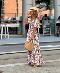 V-neck Waist Printed Ruffled Midi Dress