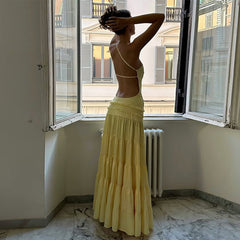 Hollow Back Tie Multi-Layered Maxi Dress