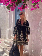 Positioned Print Trumpet Sleeve Dress