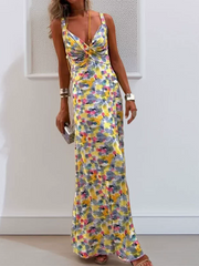 Flora Watercolor Print Crossover Neck Wide Straps Stretch Maxi Dress