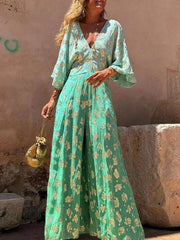 Printed V-Neck Open Back Waist Wide-Leg Jumpsuit
