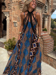 Positioning Print Suspender Long Skirt Dress