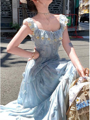 Blue Chiffon Printed Small Flying Sleeve Dress