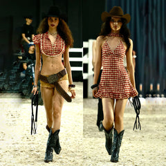 Red Plaid Deep V Halter Neck Mini Dress