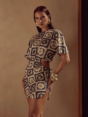 Printed Drawstring Waist Mini Dress