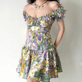 Floral Print Puff Sleeve Ruffle Short Dress