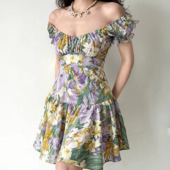 Floral Print Puff Sleeve Ruffle Short Dress