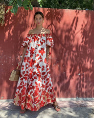 Floral Print Off-Shoulder Puff Sleeve Long Dress