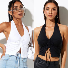 Solid Color Drawstring Backless Shoulder Strap