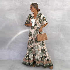 Floral Short Sleeve Waist Loose Full Hem Maxi Dress