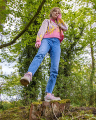 Retro Flame Print V Neck Button Up Long Sleeve Cropped Cardigan - Pink
