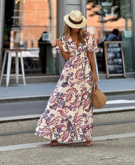 V-neck Waist Printed Ruffled Midi Dress