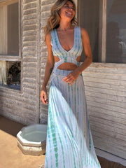 Printed V-neck Waist-Baring Dress