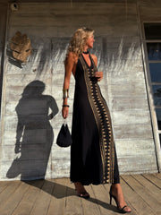 Positioning Print V-Neck Halter Back Long Dress