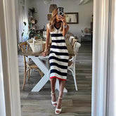 Striped V-Neck Slit Hem Casual Loose Dress
