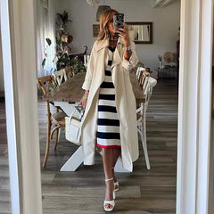 Striped V-Neck Slit Hem Casual Loose Dress