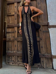 Positioning Print V-Neck Halter Back Long Dress